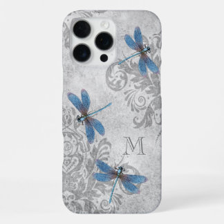 Vintage Dragonflies Grunge Damask with Monogram iPhone 16 Pro Max Case