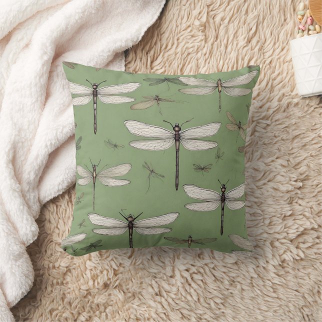 Vintage Dragonflies on Sage Green Throw Pillow (Blanket)