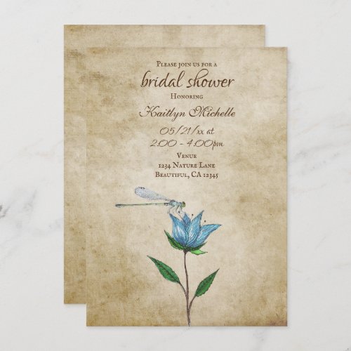 Vintage Dragonfly and Blue Flower Bridal Shower Invitation