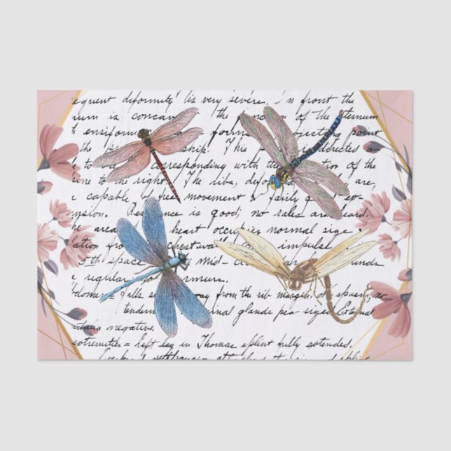 Vintage Dragonfly and Flower Decoupage Tissue Paper (Front)