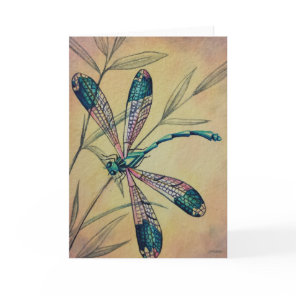 Vintage Dragonfly and Foliage Watercolor Art Card