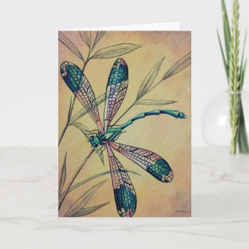 Vintage Dragonfly and Foliage Watercolor Art Card