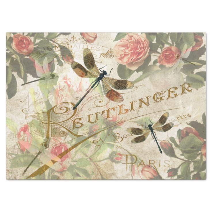 Vintage Dragonfly and Roses Decoupage Tissue Paper | Zazzle