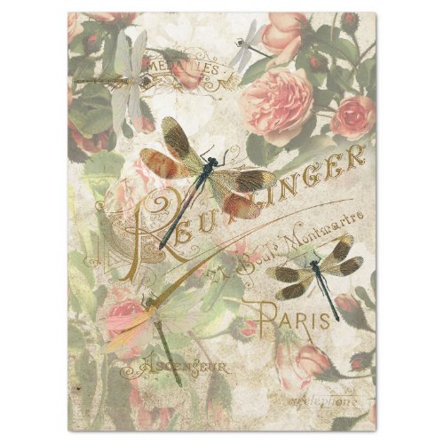 Vintage Dragonfly and Roses Decoupage Tissue Paper