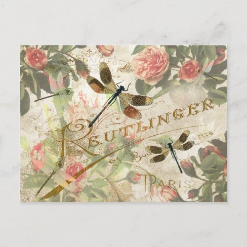 Vintage Dragonfly and Roses Postcard