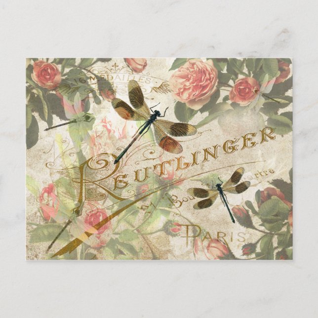 Vintage Dragonfly and Roses Postcard (Front)