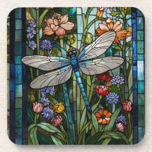 Vintage Dragonfly art floral botanical stain glass Beverage Coaster