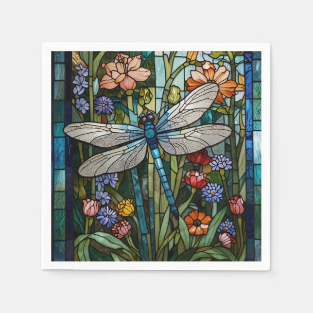 Vintage Dragonfly art floral botanical stain glass Napkins (Front)