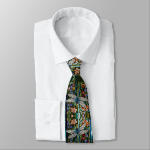 Vintage Dragonfly art floral botanical stain glass Neck Tie
