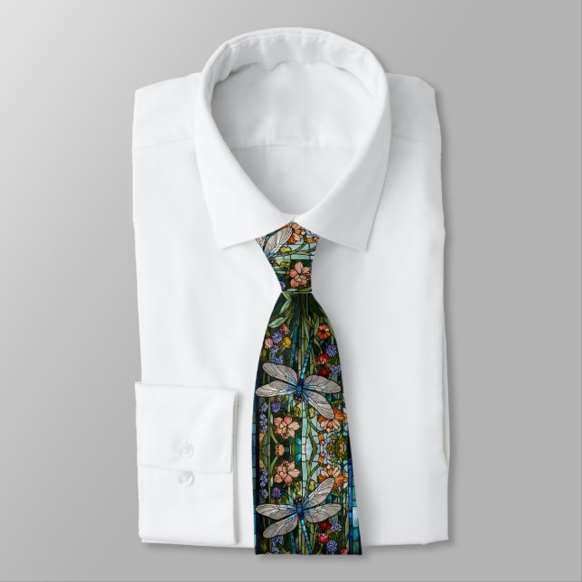 Vintage Dragonfly art floral botanical stain glass Neck Tie (Tied)