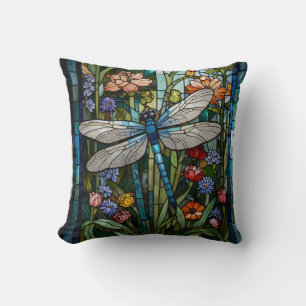 Vintage Dragonfly art floral botanical stain glass Throw Pillow