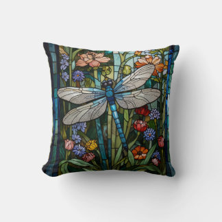 Vintage Dragonfly art floral botanical stain glass Throw Pillow