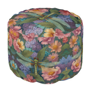 Vintage dragonfly boho chic pastel floral garden pouf
