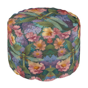 Vintage dragonfly boho chic pastel floral garden pouf