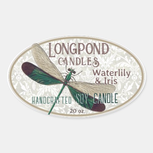 Vintage Dragonfly Damask Handcrafted Soy Candle Oval Sticker