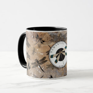 Vintage Dragonfly Distressed Entomology Monogram Mug
