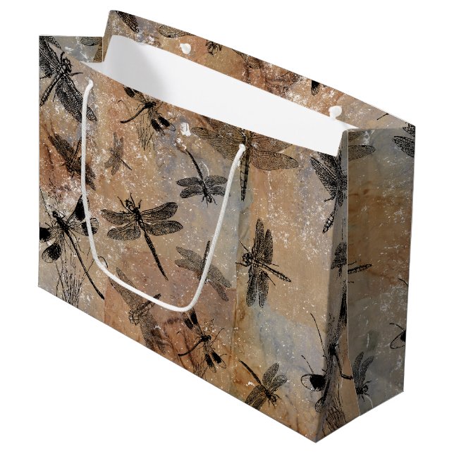Vintage Dragonfly Distressed Entomology Pattern  Large Gift Bag (Front Angled)