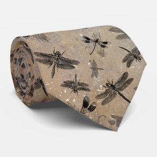 Vintage Dragonfly Distressed Entomology Pattern Neck Tie