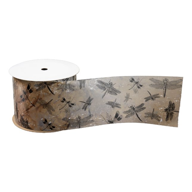Vintage Dragonfly Distressed Entomology Pattern  Satin Ribbon (Spool)