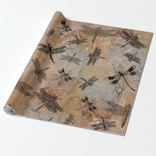 Vintage Dragonfly Distressed Entomology Pattern Wrapping Paper