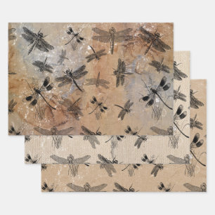 Vintage Dragonfly Distressed Entomology Pattern Wrapping Paper Sheets