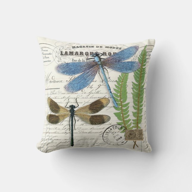 Vintage Dragonfly Fern French Decor Throw Pillow (Front)
