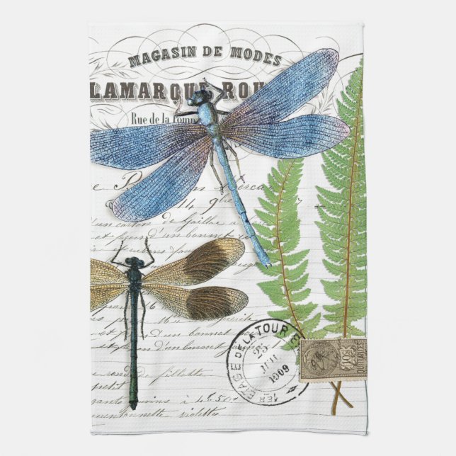 Vintage Dragonfly Fern French Kitchen Hand Towel (Vertical)
