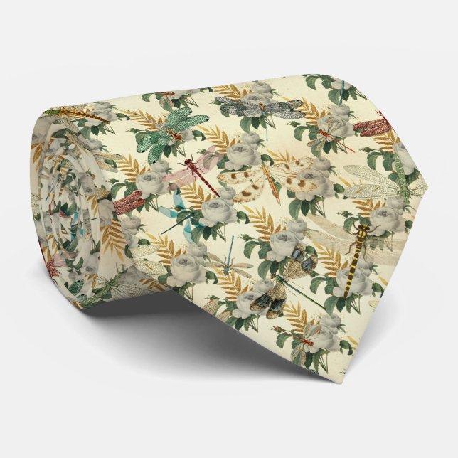 Vintage Dragonfly Floral Neck Tie (Rolled)