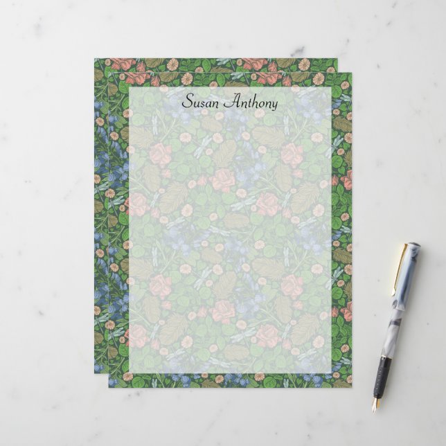 Vintage Dragonfly Flying in English Garden Paper (Front/Back In Situ)