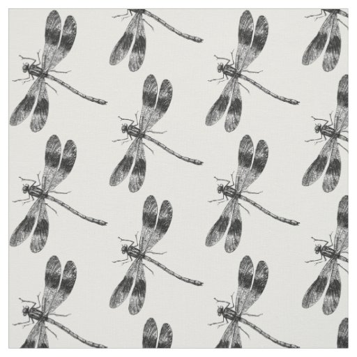 Vintage Dragonfly Illustration Black and White Fabric