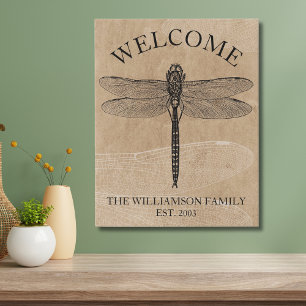 Vintage Dragonfly Monogram Welcome Faux Canvas Print