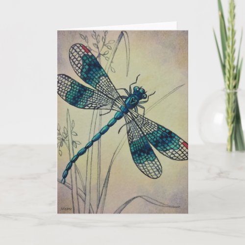 Vintage Dragonfly No 2 Grass Watercolor Art Card