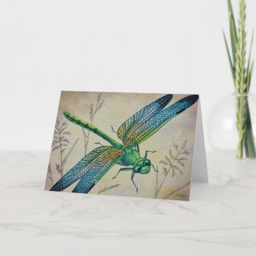 Vintage Dragonfly No 3 and Grass Watercolor Art Card