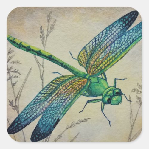 Vintage Dragonfly No 3 and Grass Watercolor Art Square Sticker