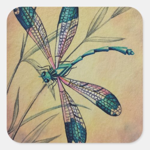 Vintage Dragonfly No 4 and Foliage Watercolor Art Square Sticker