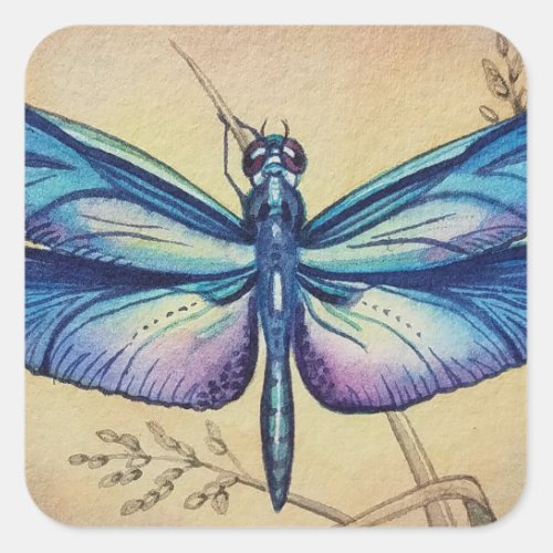 Vintage Dragonfly No 6 and Grass Watercolor Art Square Sticker