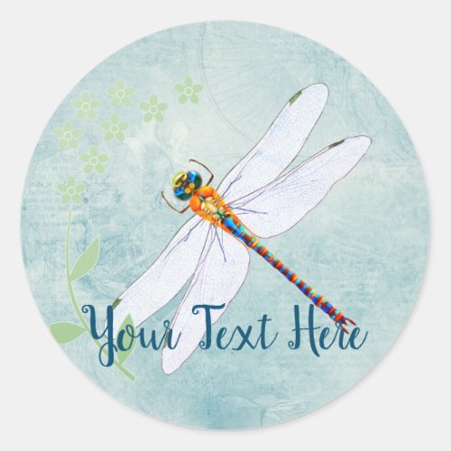 Vintage Dragonfly on Faded Floral Background Classic Round Sticker