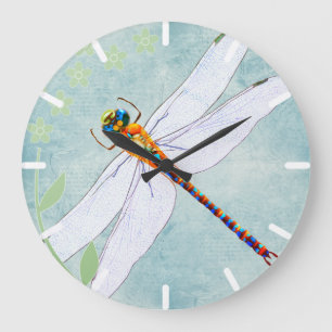 Vintage Dragonfly on Faded Floral Background Large Clock