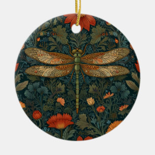 Vintage dragonfly orange floral greenery boho chic ceramic ornament