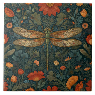Vintage dragonfly orange floral greenery boho chic ceramic tile