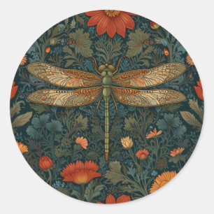 Vintage dragonfly orange floral greenery boho chic classic round sticker