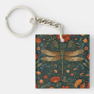 Vintage dragonfly orange floral greenery boho chic keychain