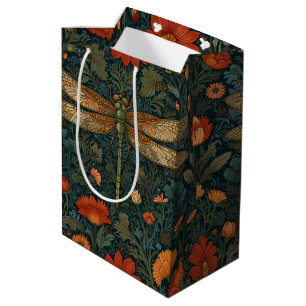 Vintage dragonfly orange floral greenery boho chic medium gift bag