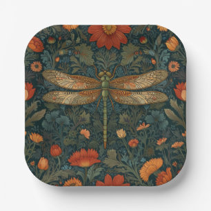Vintage dragonfly orange floral greenery boho chic paper plates