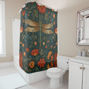 Vintage dragonfly orange floral greenery boho chic shower curtain