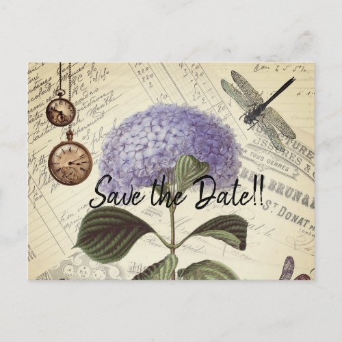 Vintage dragonfly pocketwatch Save the Date Announcement Postcard