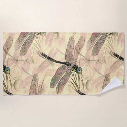 Vintage Dragonfly Print  Beach Towel