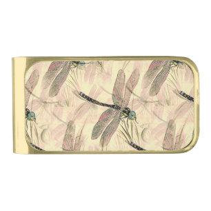 Vintage Dragonfly Print Gold Finish Money Clip