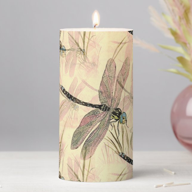 Vintage Dragonfly Print  Pillar Candle (In Situ)