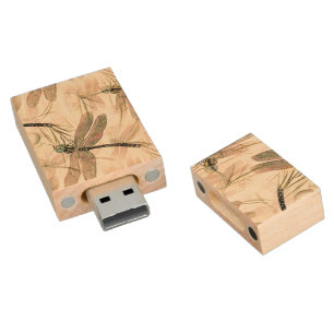 Vintage Dragonfly Print  Wood Flash Drive